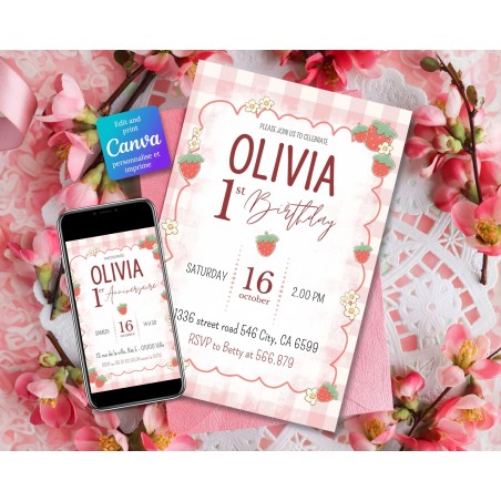 Invitation d’anniversaire personnalisé à imprimer : thème fraise