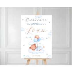 Affiche Bienvenue Baptême Ourson Bleu - Panneau à Imprimer Personnalisable