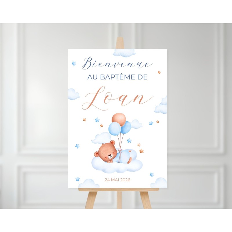 Affiche Bienvenue Baptême Ourson Bleu - Panneau à Imprimer Personnalisable