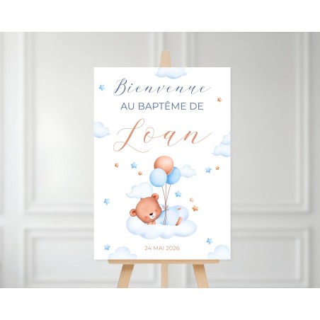 Affiche Bienvenue Baptême Ourson Bleu - Panneau à Imprimer Personnalisable