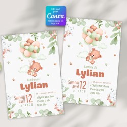 Faire-part baptême ourson - vert sauge