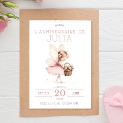 invitation anniversaire thème fée épurée à imprimer, illustration fée pastel sur fond blanc, personnalisable avec prénom