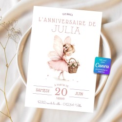 invitation anniversaire thème fée épurée à imprimer, illustration fée sur fond blanc, personnalisable, pour fille 6, 10 ans