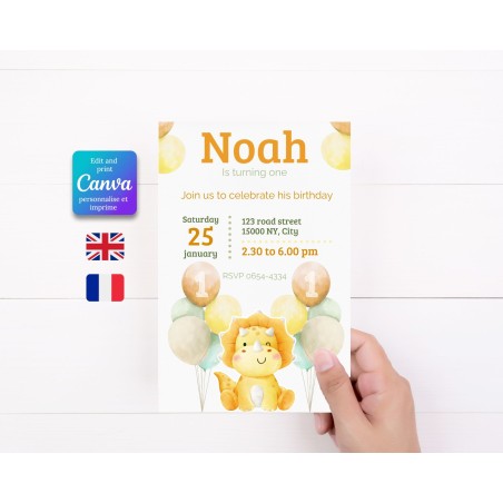 Carte d’Invitation Anniversaire Enfant – Thème Dinosaures Aquarelle à Modifier et Imprimer