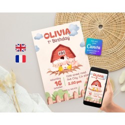 template canva, invitation anniversaire personnalisable theme ferme.