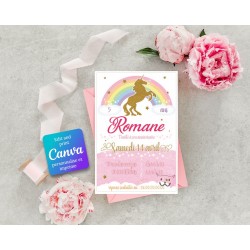 Invitation digitale Licorne arc-en-ciel | Template Canva à personnaliser