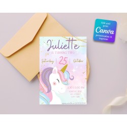 invitation licorne pour anniversaire, baptême... template canva entierement personnalisable.