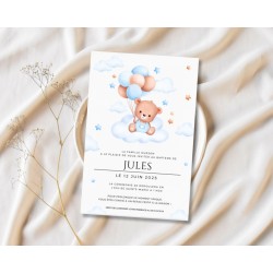 invitation ourson personnalisable, anniversaire, baptême, baby shower