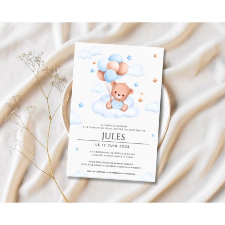 invitation ourson personnalisable, anniversaire, baptême, baby shower