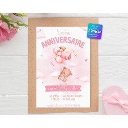 Invitation d’anniversaire ourson rose