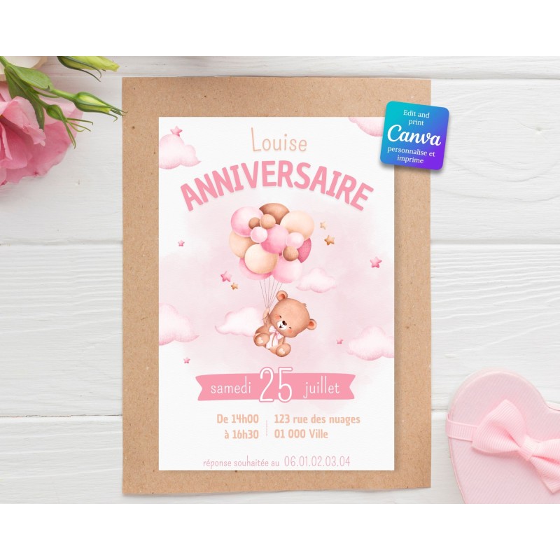 Invitation d’anniversaire ourson rose