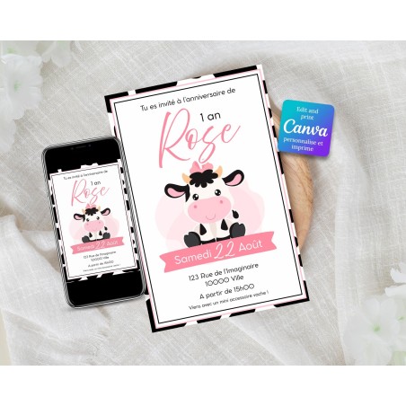 Invitation d’anniversaire digitale thème vache